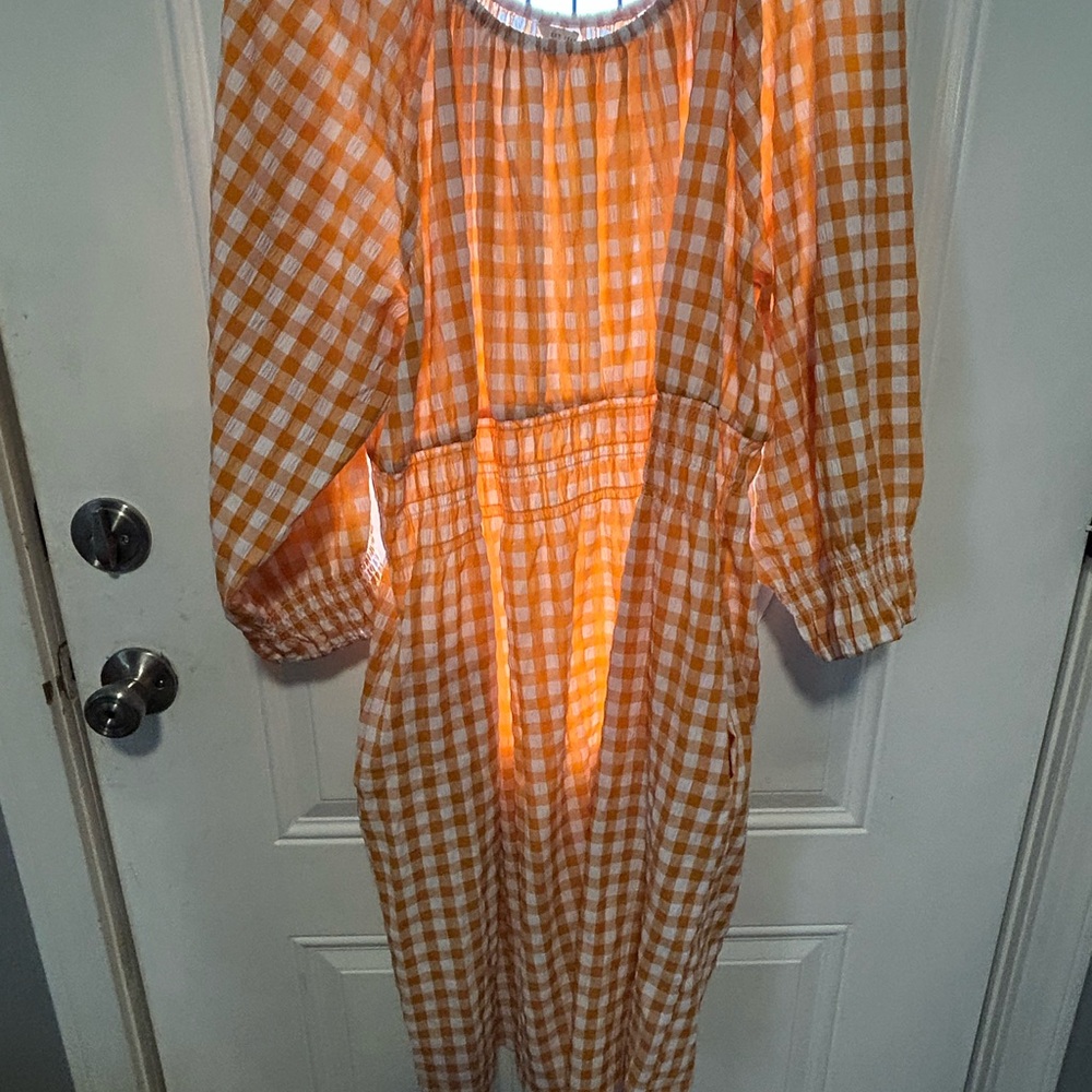 Orange and White Bishop Sleeve Midi Sundress
